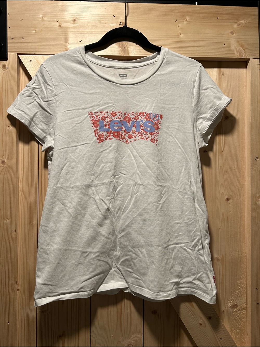Levi's White Tee with Blue Logo and Red Floral Motif